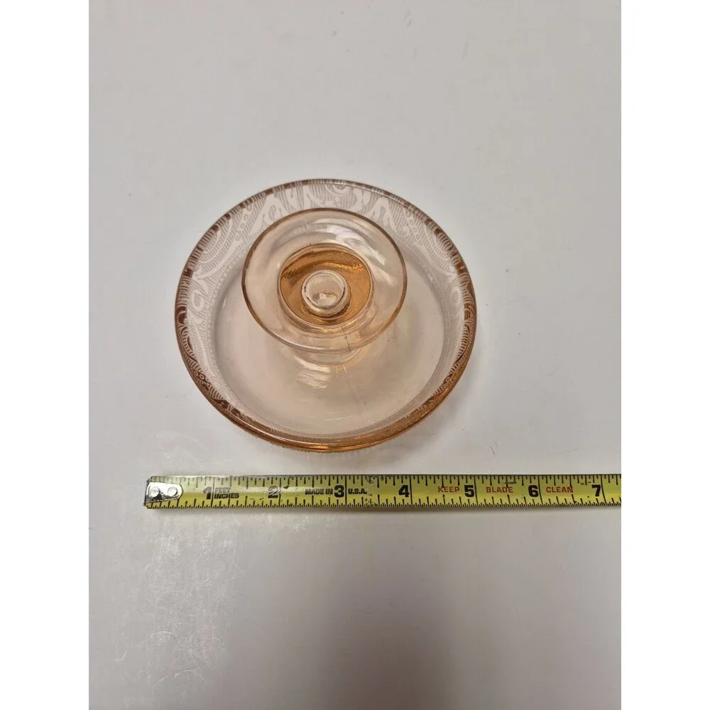 Vintage Depression etched Glass Pink Taper Candle Holder